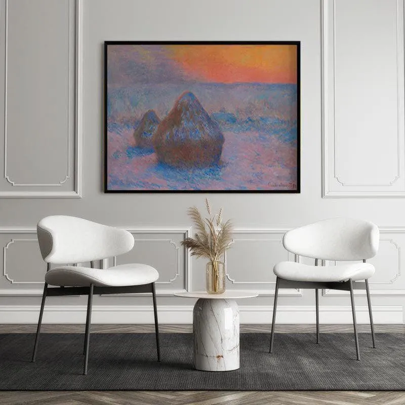 Stacks Of Wheat At Sunset, Snow Effect By Claude Monet - Black Frame media 5