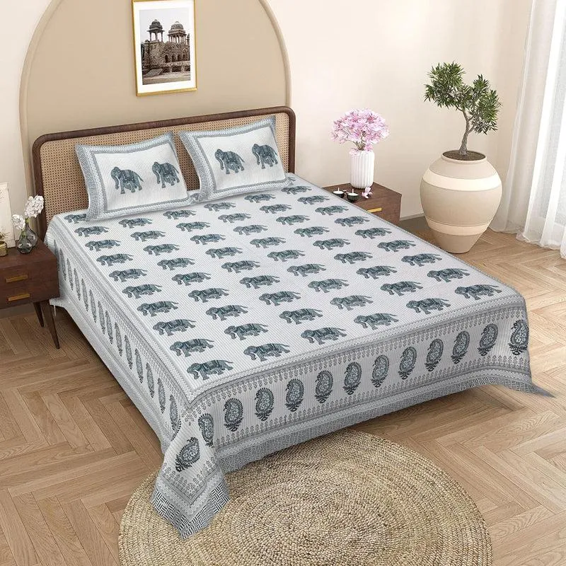 Viraja Ethnic Cotton Bedsheet (White,Green) - 180 TC media 1