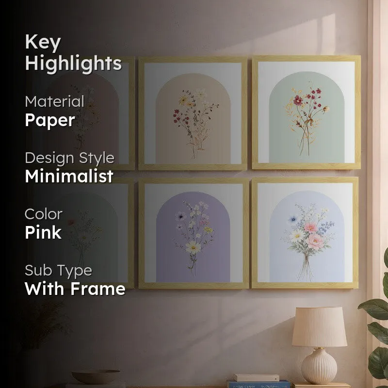 Subtle Flora Paper Wall Painting With Frame - Set Of Six media 2