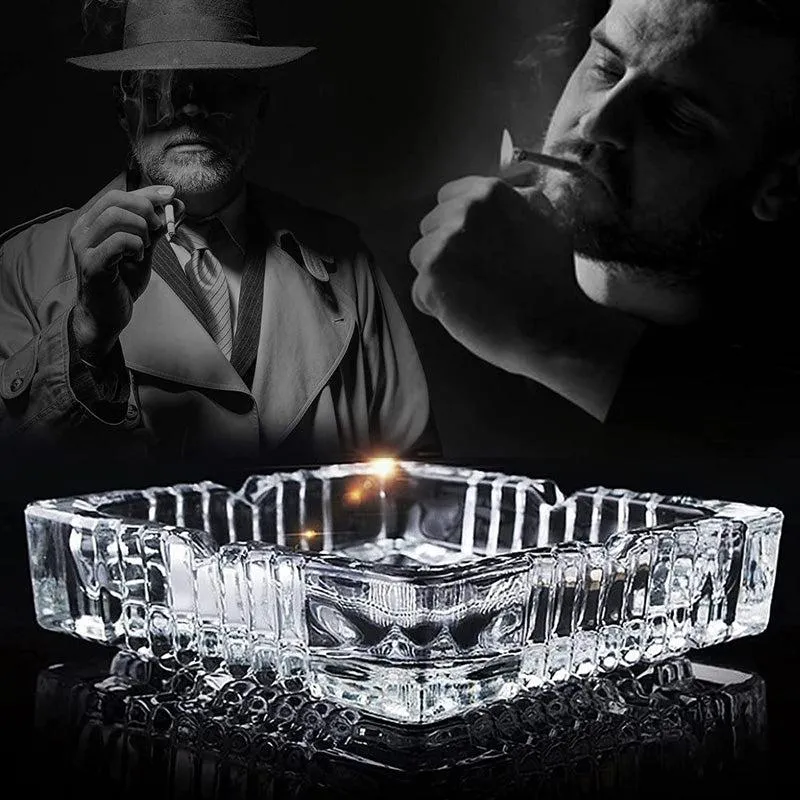 Close view of a transparent glass ashtray with textured edges