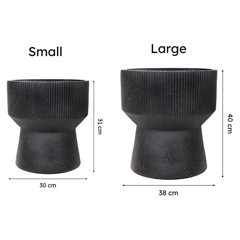 Small and large black pedestal planters shown side by side with measurements.