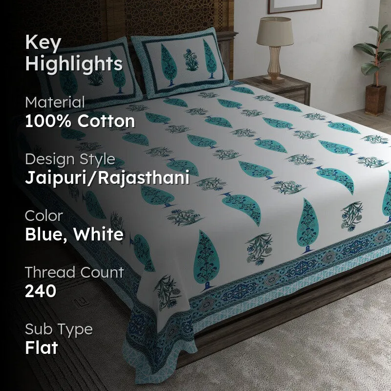 Jaipuro Cotton Bedsheet (Teal,White) - 240 TC media 2