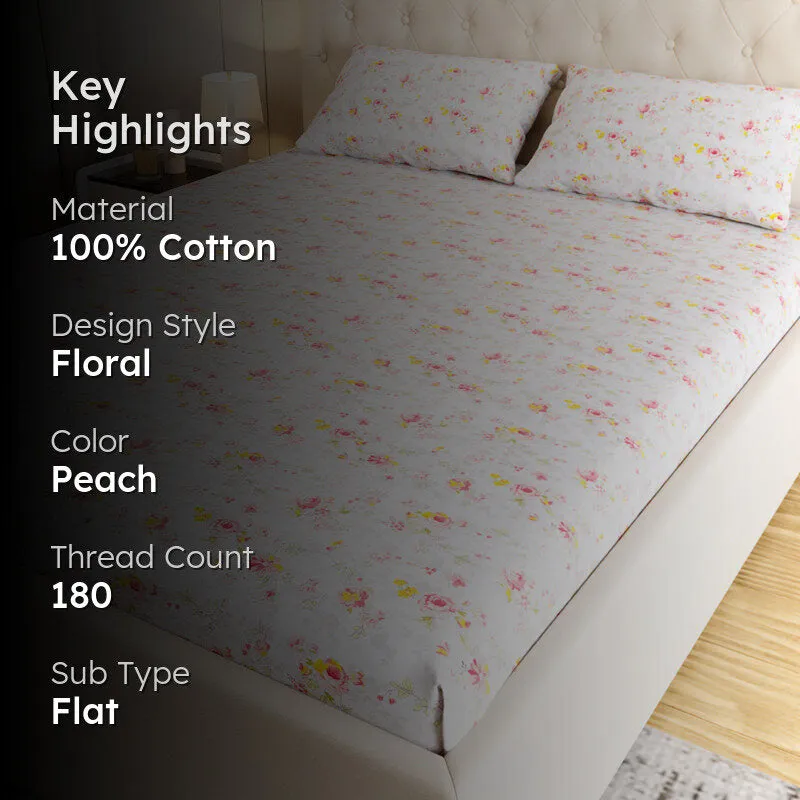 Dewdrop Floral Cotton Bedsheet (Peach) - 180 TC media 2