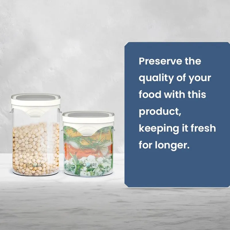 Two transparent storage jars with white lids shown holding dry food and vegetables.