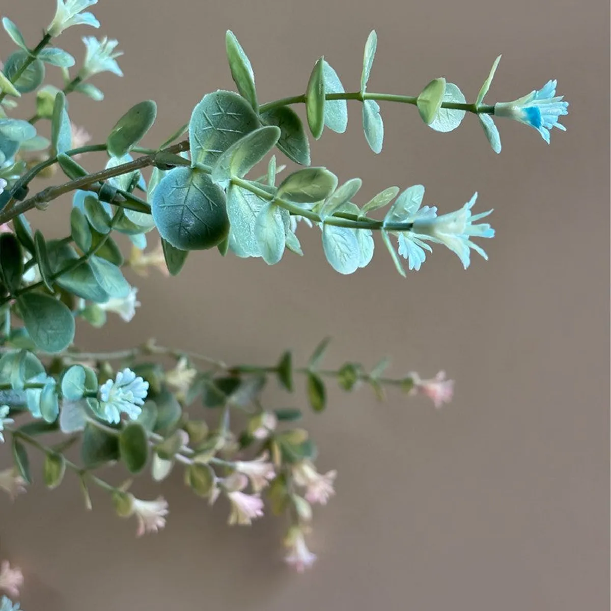 Close-up of green eucalyptus leaves and delicate pale blue-white artificial flowers