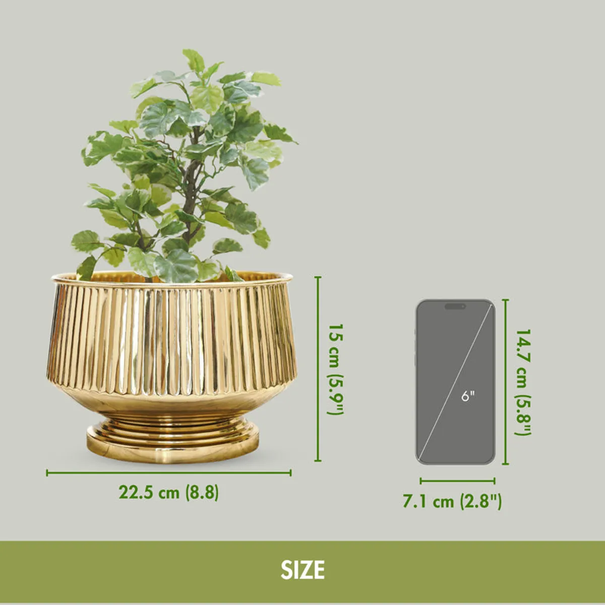 Gold fluted planter shown beside a phone for a size comparison.