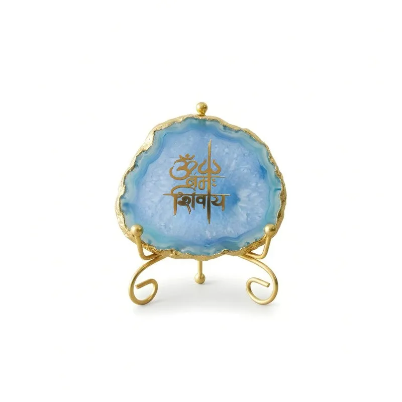 Om Namah Shivay Agate Showpiece With Stand - Blue & Gold media 3