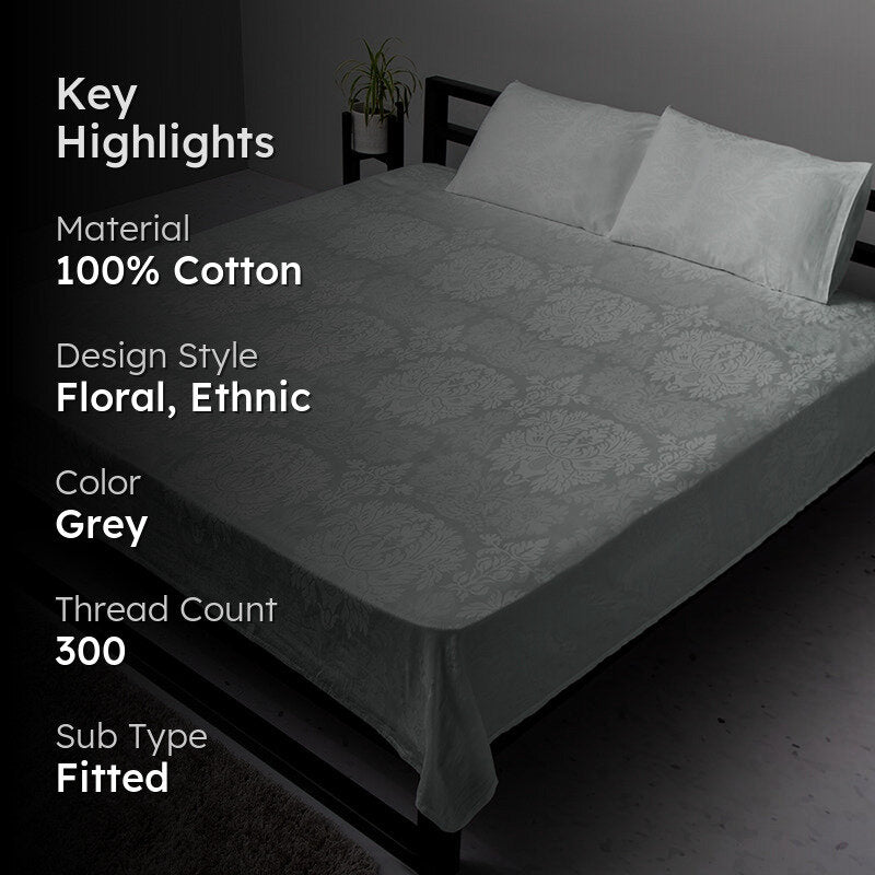 Symmetry Charm Fitted Jacquard Cotton Bedsheet (Light Grey) - 300 TC media 2