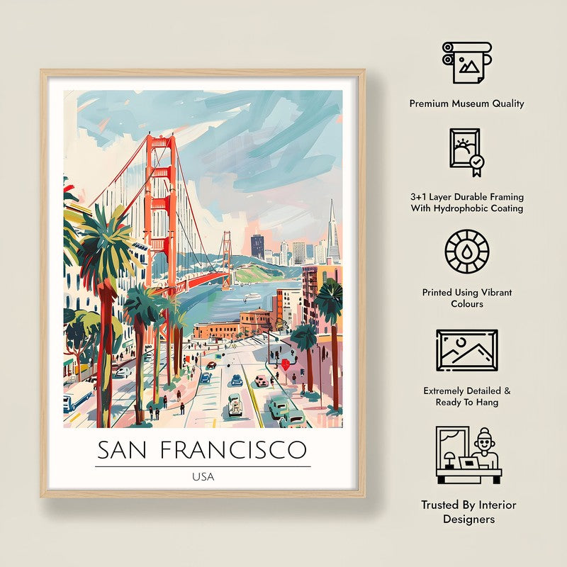 Vintage San Fransico Framed Canvas Archival Canvas Wall Painting - Natural Brown Frame media 8