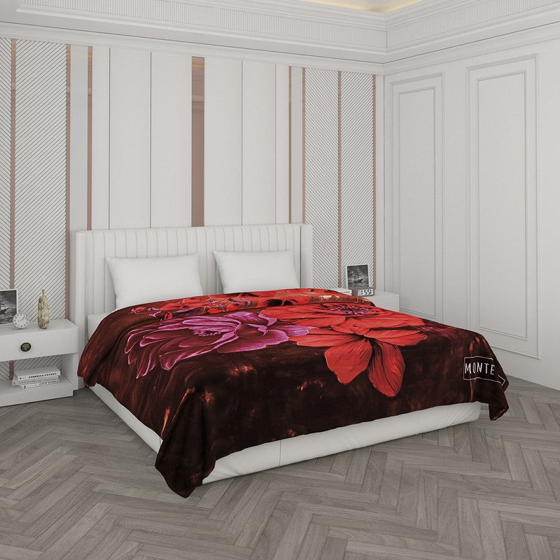 Monte Carlo Crimson Bloom Blanket (Brown,Red) - 1000 GSM - Queen/Double