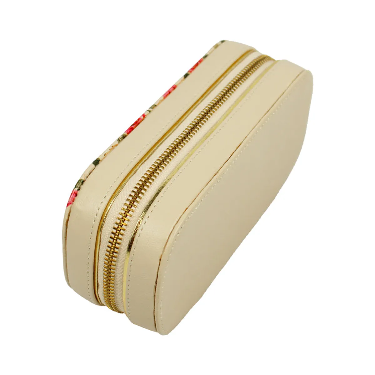 Side view of the ivory jewel box showing its gold-tone zip and smooth panels