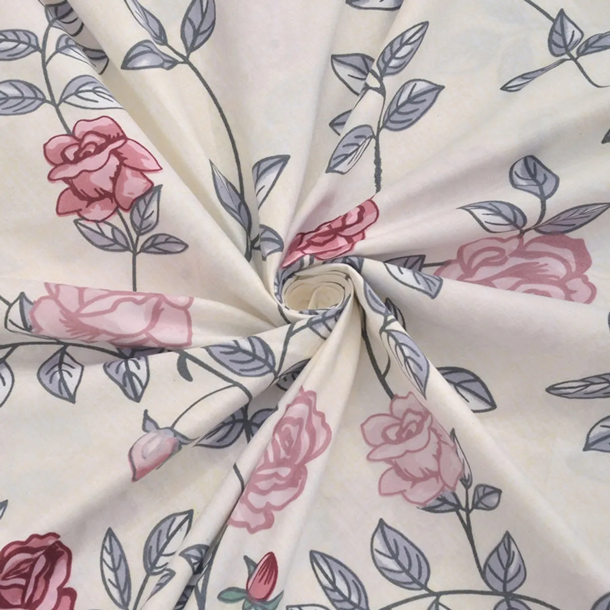 Close-up of white fabric with pink floral and grey leaf print