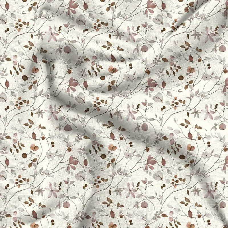 Close-up of white bedsheet with delicate brown and pink floral branches
