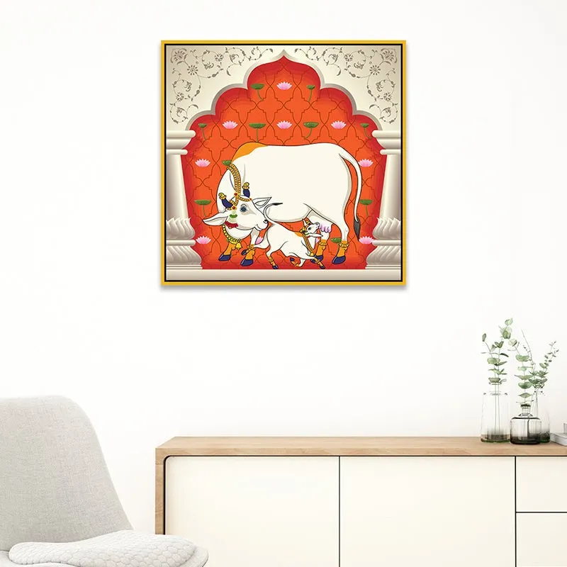 Bovine Bliss Canvas Wall Painting With Frame - Gold media 4