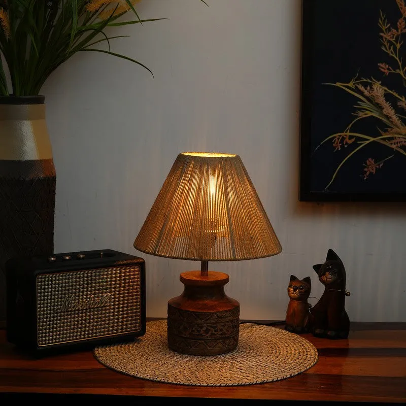Rattique Cotton Table Lamp Wooden Base - Beige media 1
