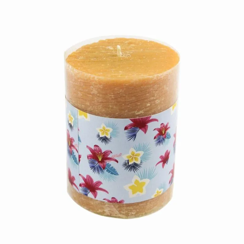 Brown pillar candle with a pastel blue floral wrap on a white background