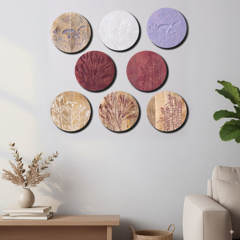 Etched Elegance Wooden Wall Plates - Set Of Eight