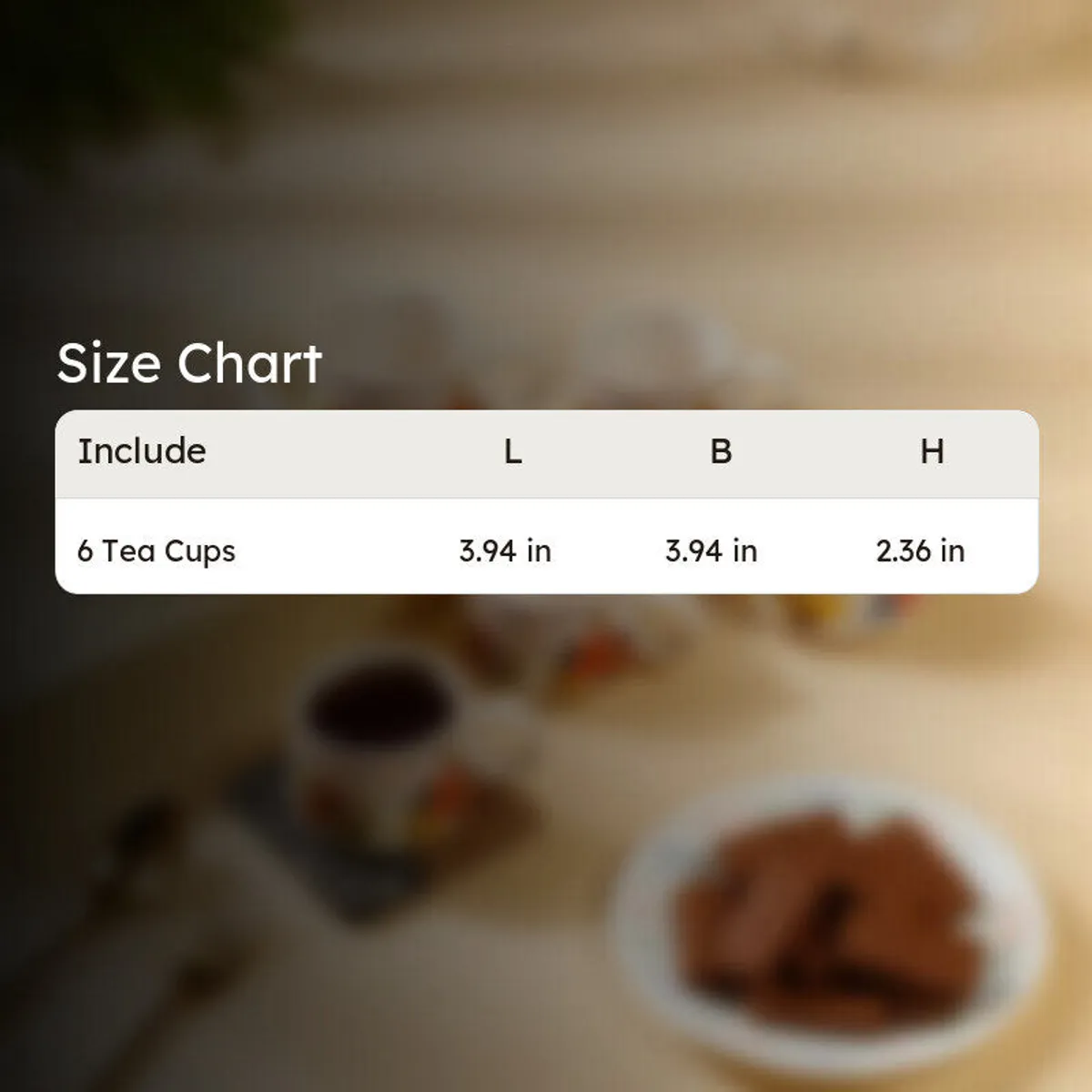 Six tea cups shown together in a size reference image