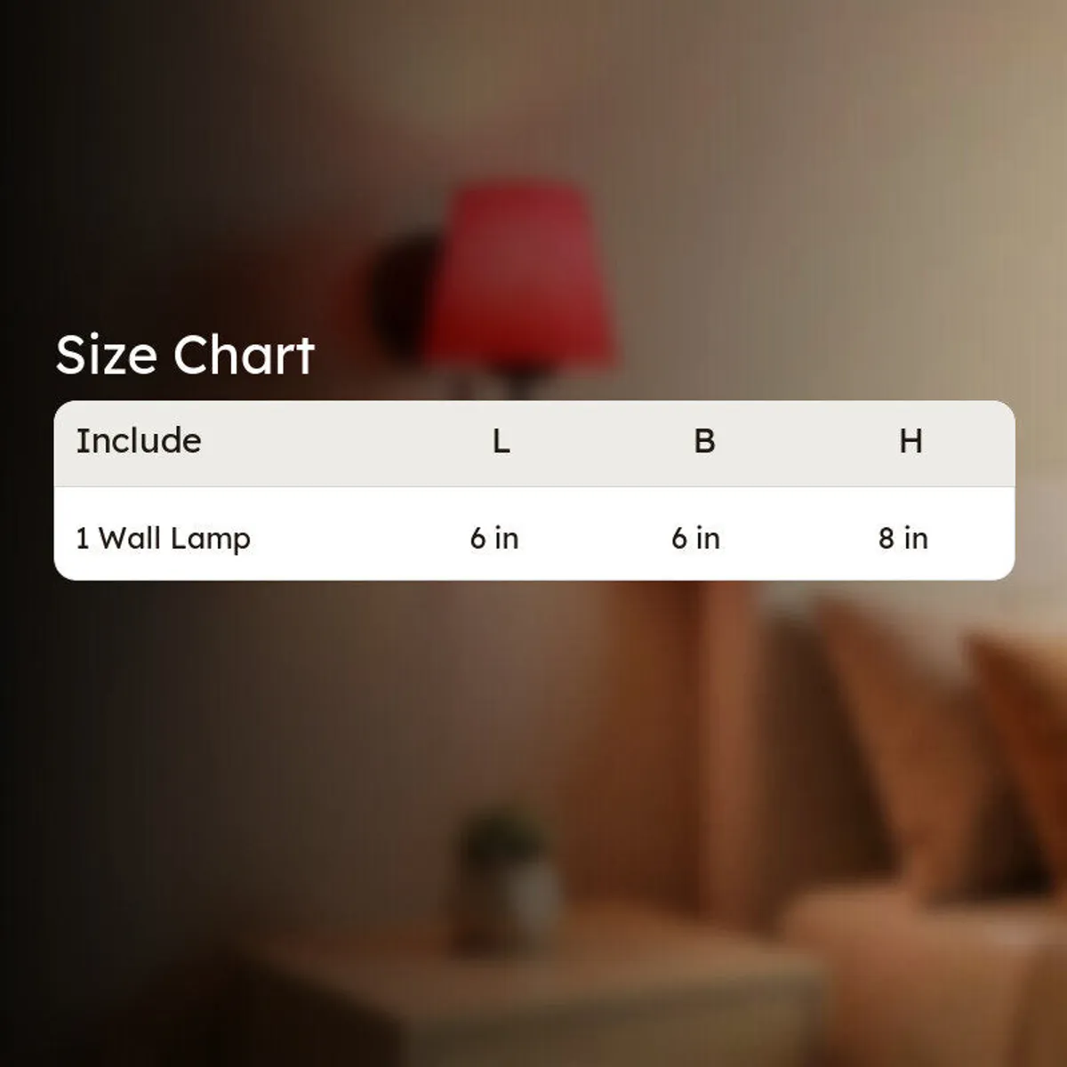 Blurred red wall lamp with size chart overlay