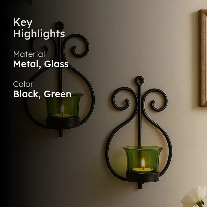 Seina Black Frame Sconce Candle Holder (Green) - Set Of Two media 2