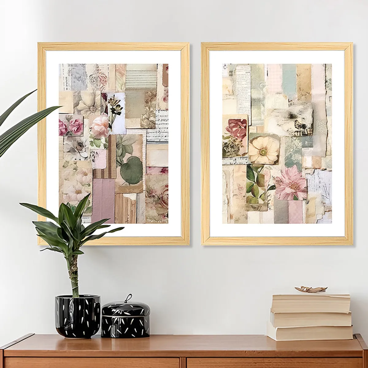 Two framed floral collage prints hung above a wooden console with plant and books