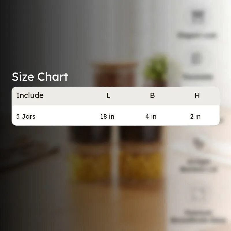 Five storage jars arranged on a blurred background with a size comparison panel.