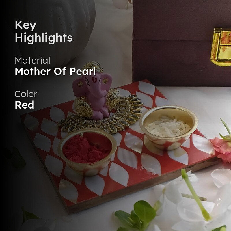 Ganpathi Festive Mother Of Pearl Pooja Thali Gift Box - Red media 2