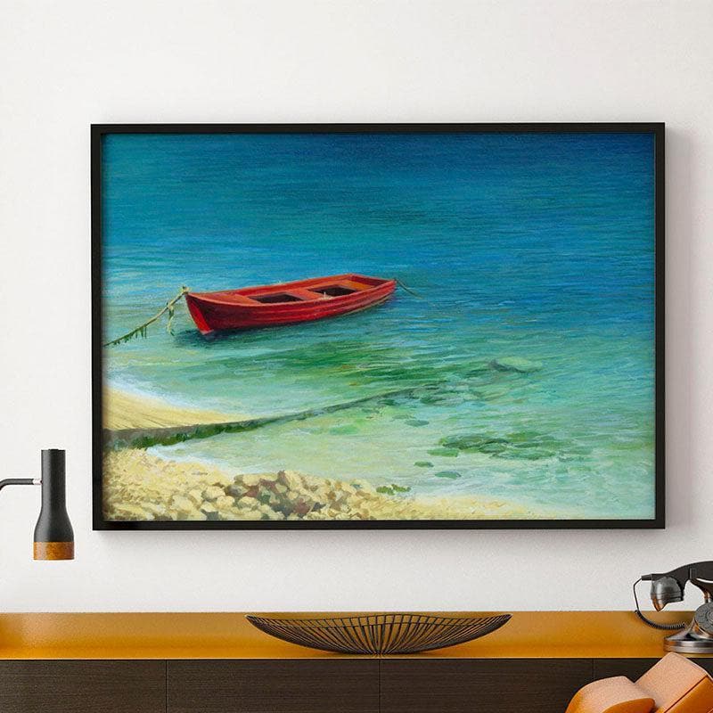 Fishing Boat In Island Canvas Wall Painting - Black Frame