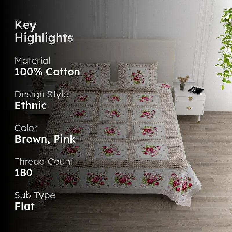 Neve Floral Cotton Bedsheet (Brown,Pink) - 180 TC media 2