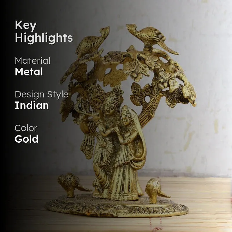 Radha Krishna Under Sacred Tree Metal Showpiece - Gold media 2