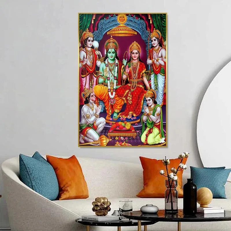 Sri Rama Parivar Spiritual Canvas Wall Painting With Frame - Gold media 1
