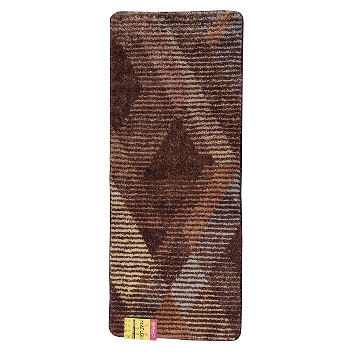 Full view of a brown geometric runner rug on a plain background