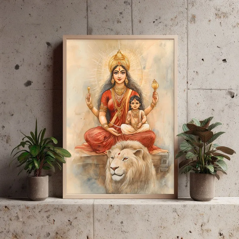 Jagadamba Spiritual Archival Paper Wall Painting - Natural Brown Frame media 3