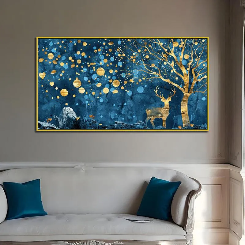 Gilded Indigo Forestscape Floral Canvas Wall Painting With Frame - Gold media 1
