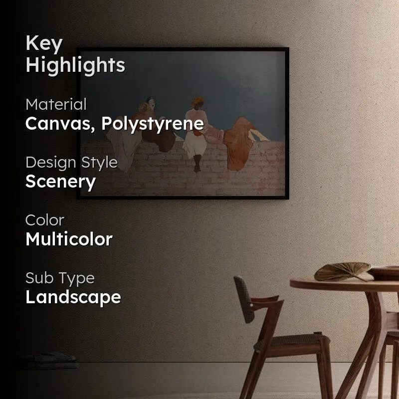 Black-framed figurative wall painting displayed in a neutral interior setting