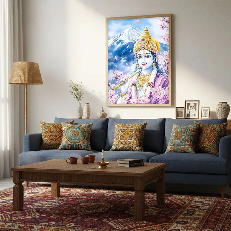Govardhana Giridhari Spiritual Archival Paper Wall Painting - Natural Brown Frame media 3