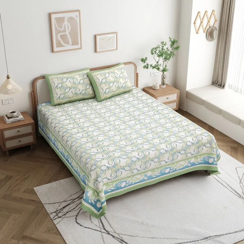 Mango Muse Cotton Bedsheet (White,Green) - 180 GSM media 3