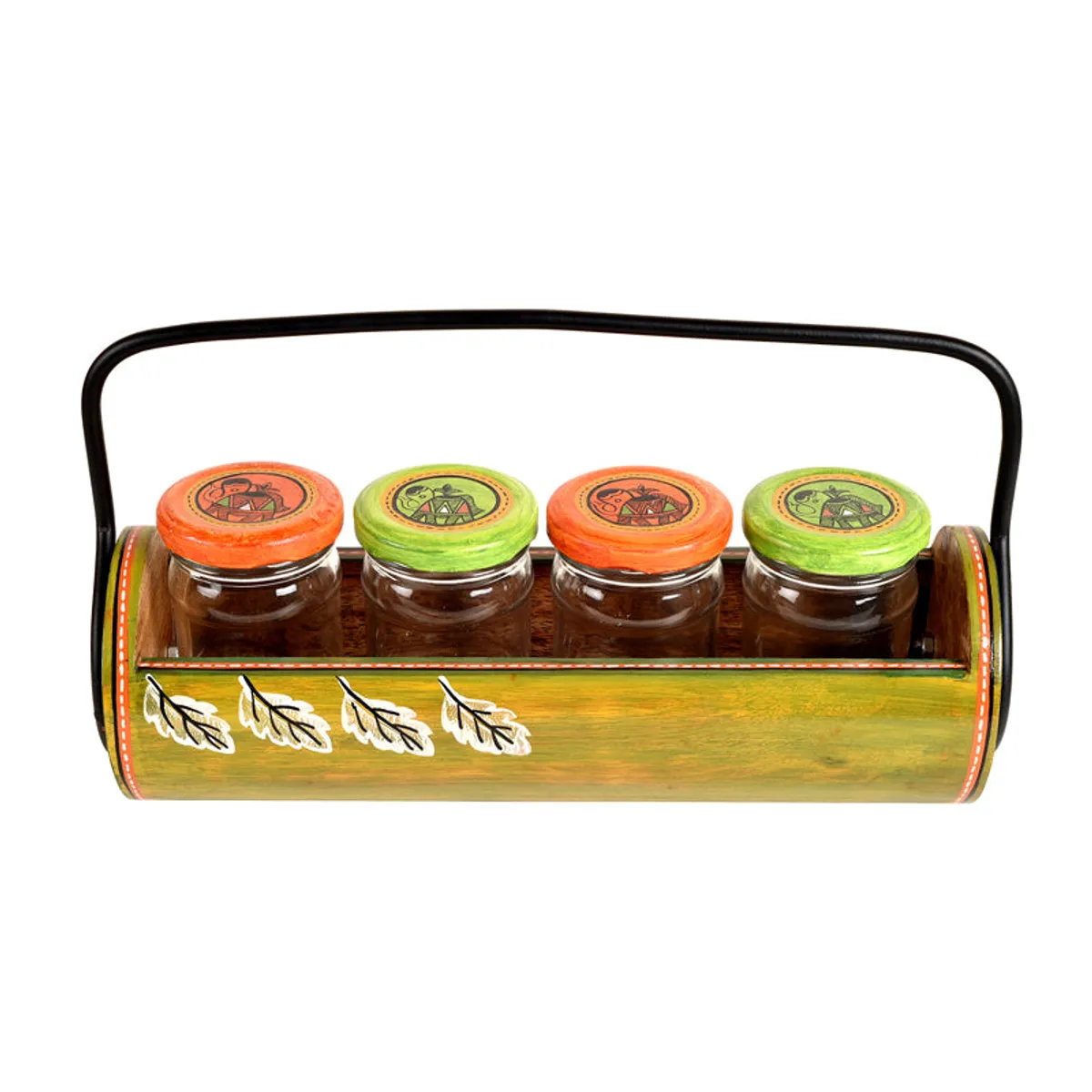 Green wooden caddy with four lidded glass jars shown from the front