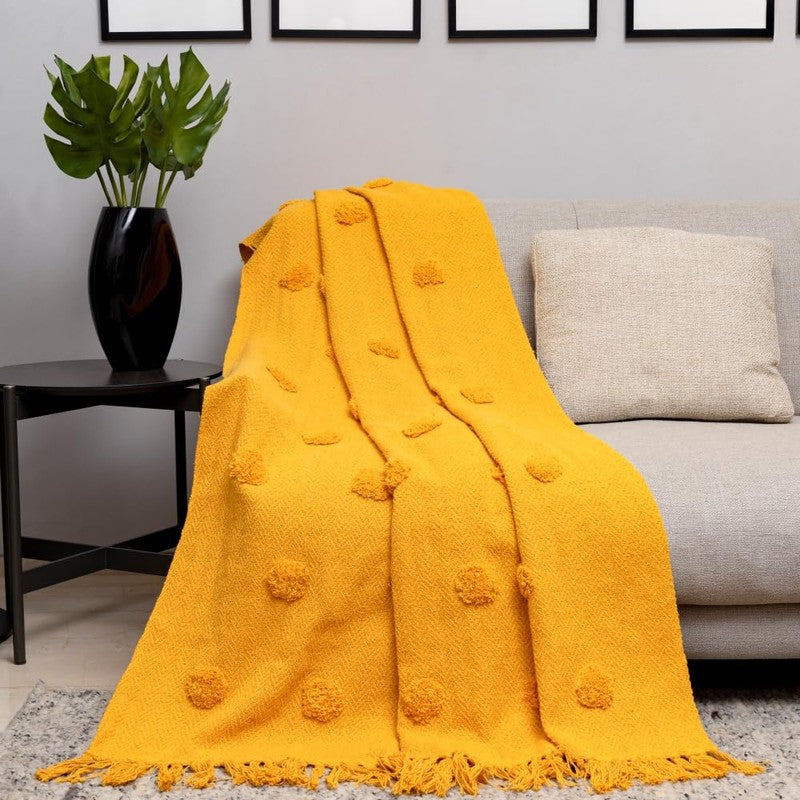 Urban Space Modern Pom-Pom Cotton Throw - Yellow