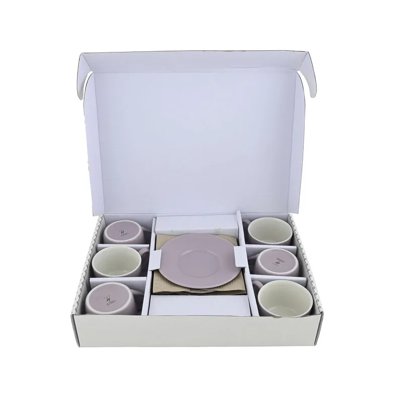 Open box showing packed light purple cup and saucer set