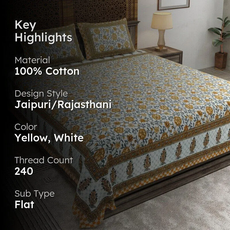 Petalet Cotton Bedsheet (Yellow,White) - 240 TC media 2