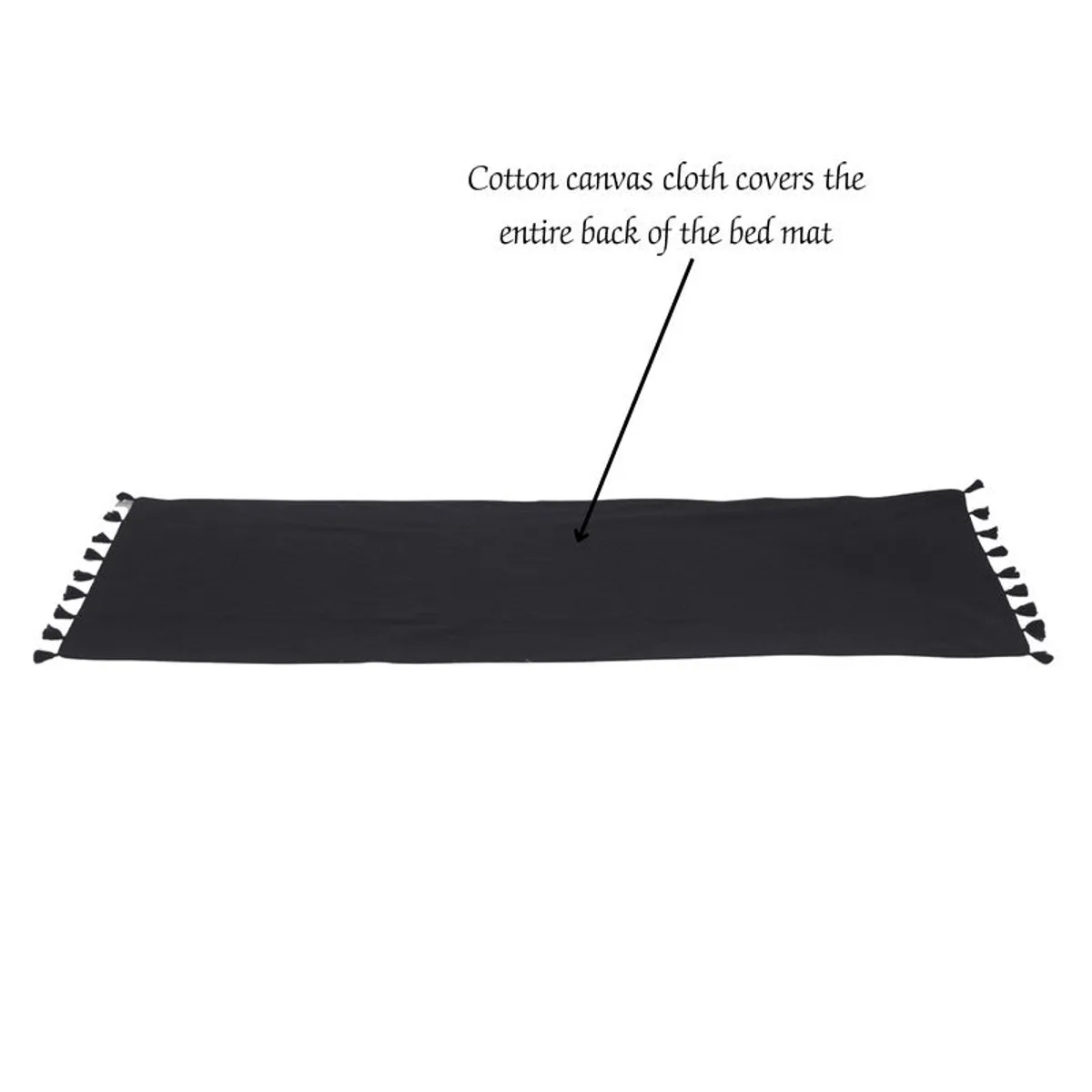 Full back view of long black-backed runner rug with tassels