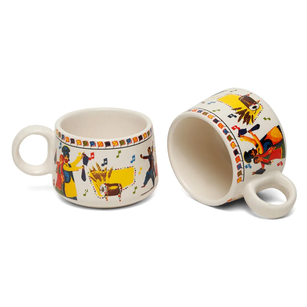 Two views of a colourful illustrated tea cup showing its rounded shape and handle