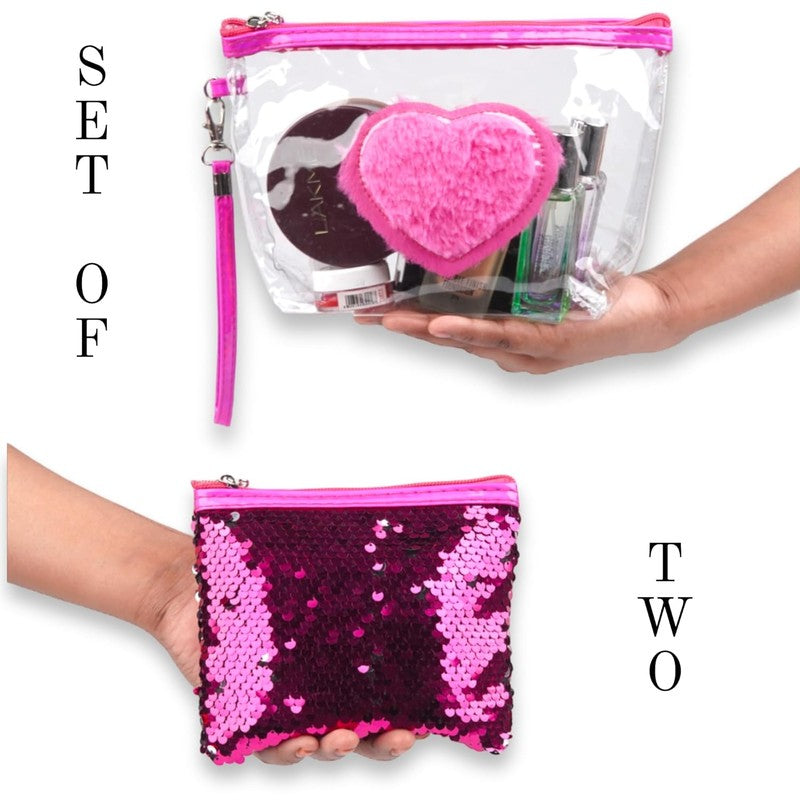 Pink Heart & Solid Cosmetic Bags - Set Of Two media 6