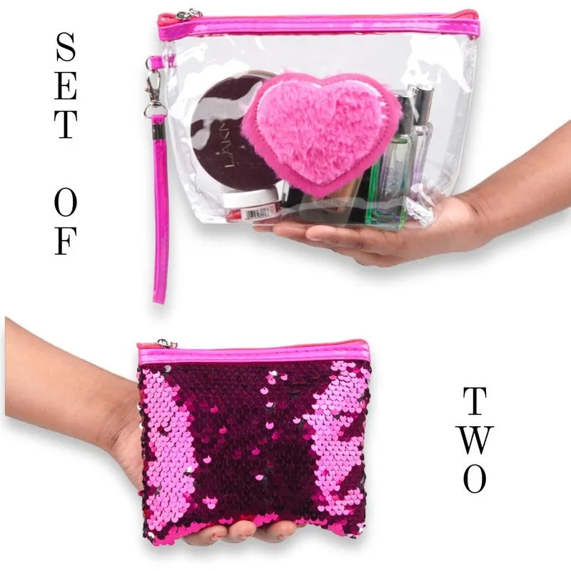 Pink Heart & Solid Cosmetic Bags - Set Of Two media 6