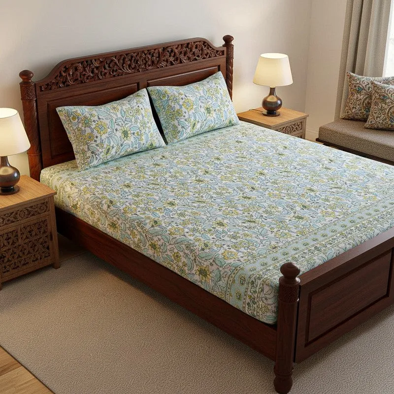 Rigavo Floral Cotton Bedsheet (Blue,Yellow) - 160 TC media 1