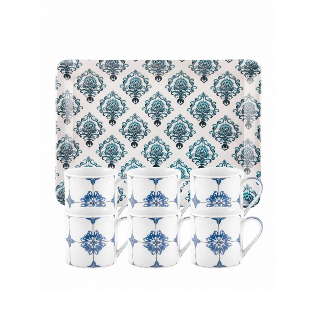 Three white and blue patterned trays displayed with matching mugs