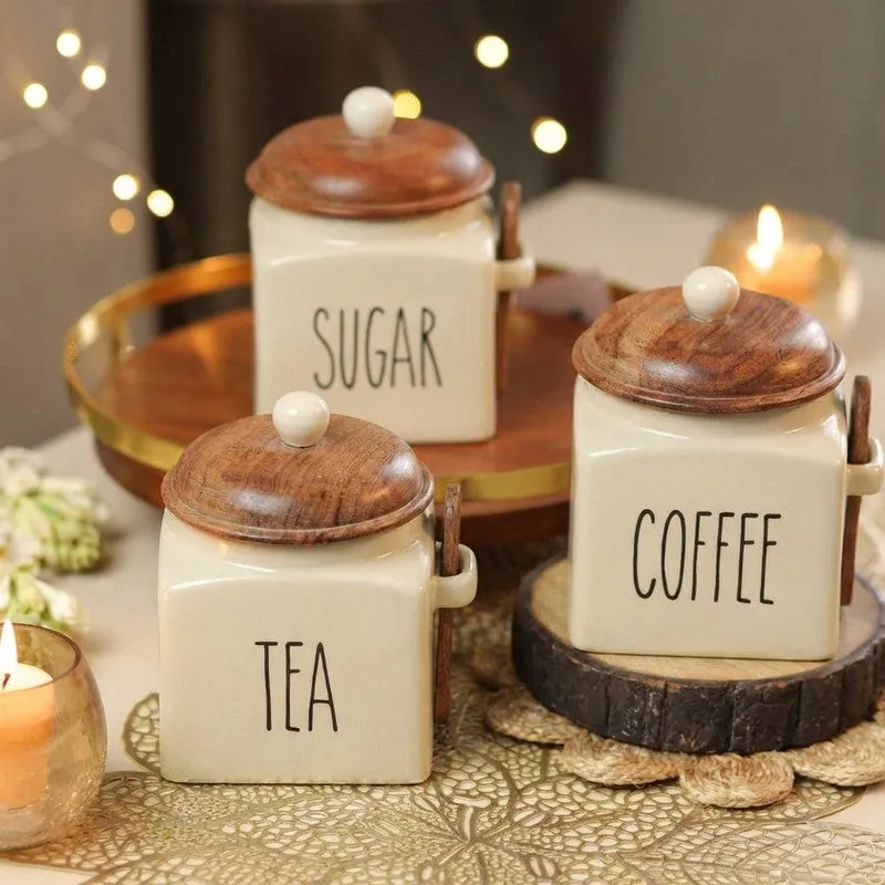 Ivory Ceramic Kitchen Storage Jar with Mango Wood Lid (1000 mL Each) - Set Of Three media 1