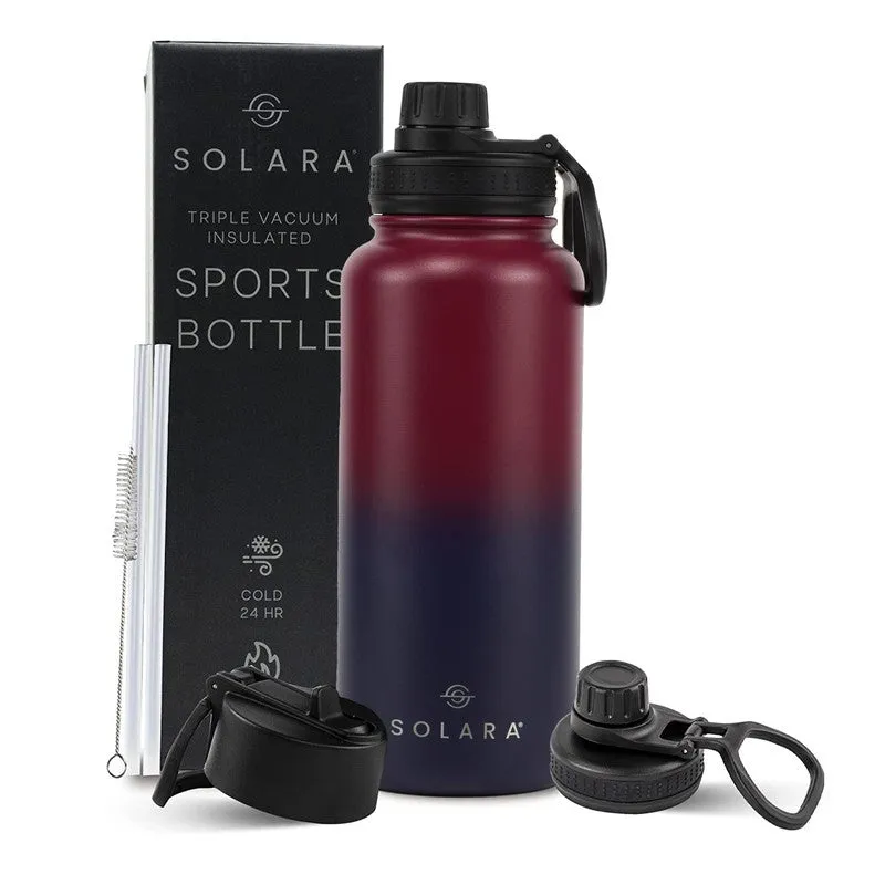 Blue and red insulated bottle with black box, extra lids, straws and cleaning brush