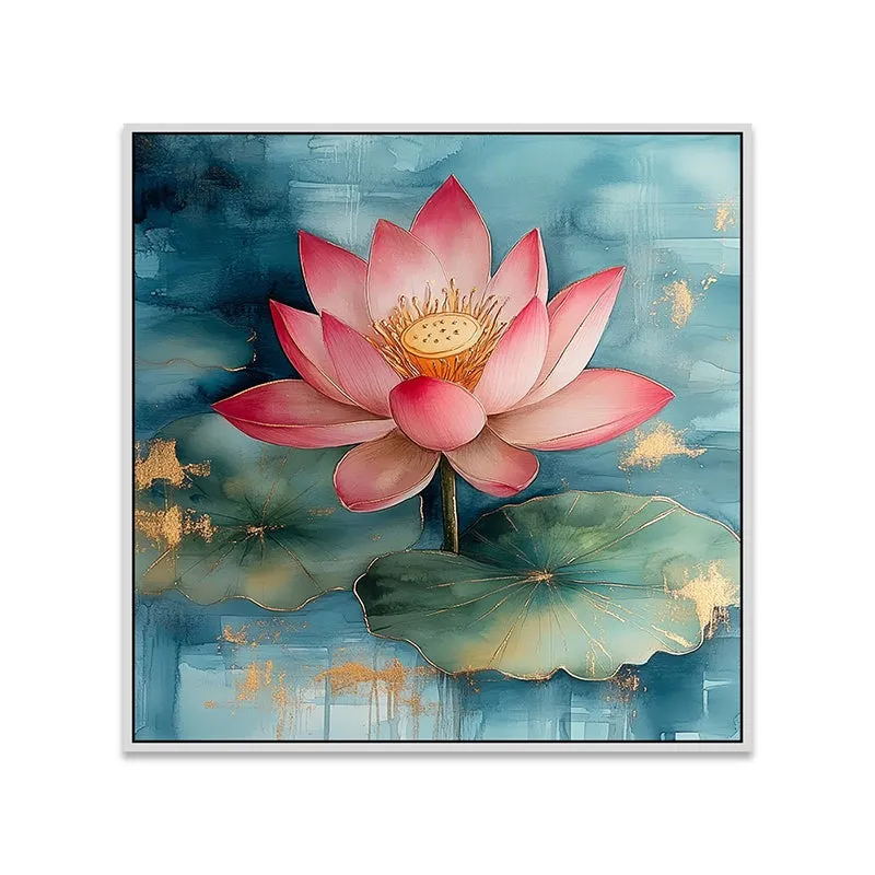 Lotus Lake Canvas Wall Painting With Frame - White media 6